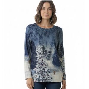 Winter Forest Long Sleeve Tee, Women’s Size L, Blue White